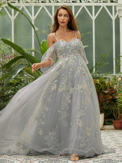 A-Line/Princess Tulle Applique Sweetheart Short Sleeves Sweep/Brush Train Dresses