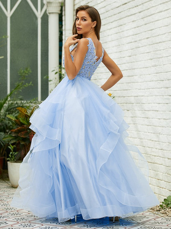 A-Line/Princess Tulle Lace V-neck Sleeveless Floor-Length Dresses