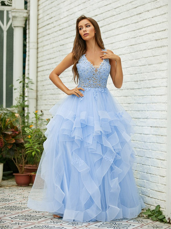 A-Line/Princess Tulle Lace V-neck Sleeveless Floor-Length Dresses