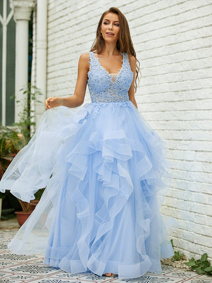 A-Line/Princess Tulle Lace V-neck Sleeveless Floor-Length Dresses