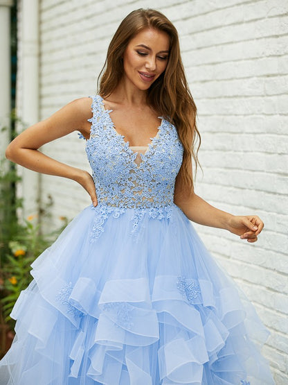 A-Line/Princess Tulle Lace V-neck Sleeveless Floor-Length Dresses