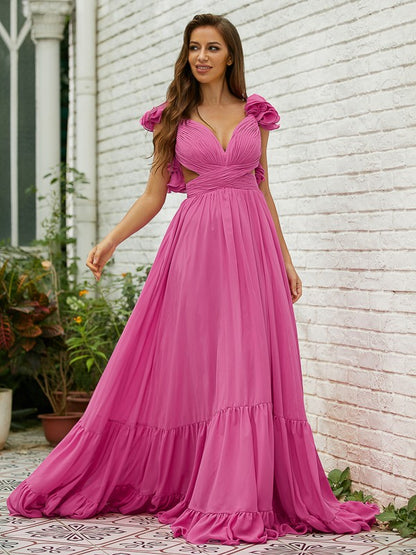 A-Line/Princess Chiffon Ruffles V-neck Sleeveless Sweep/Brush Train Dresses