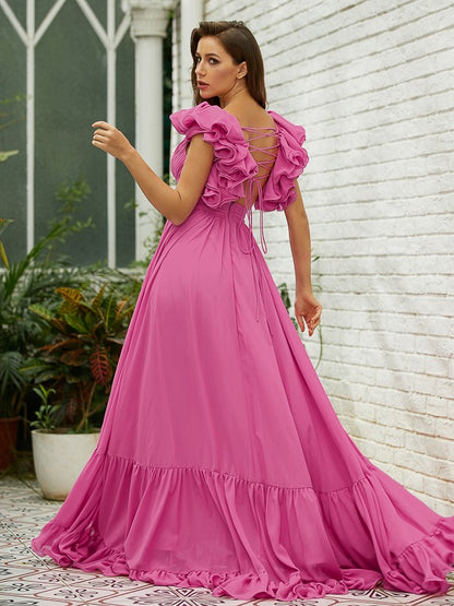 A-Line/Princess Chiffon Ruffles V-neck Sleeveless Sweep/Brush Train Dresses