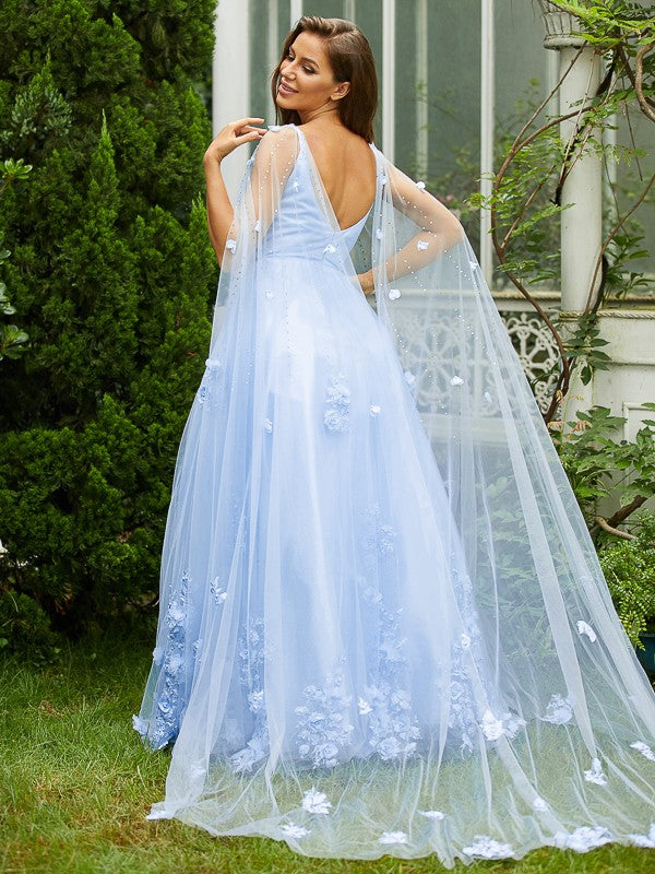 A-Line/Princess Tulle Applique V-neck Sleeveless Sweep/Brush Train Dresses