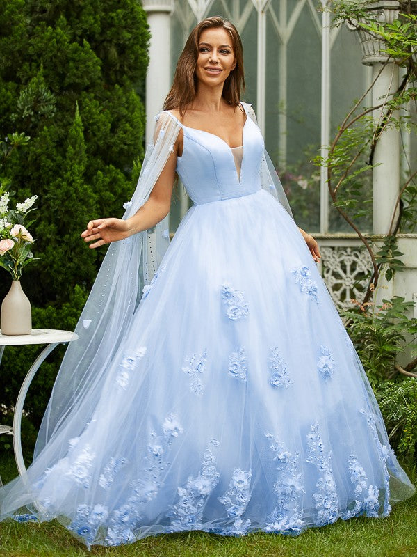 A-Line/Princess Tulle Applique V-neck Sleeveless Sweep/Brush Train Dresses