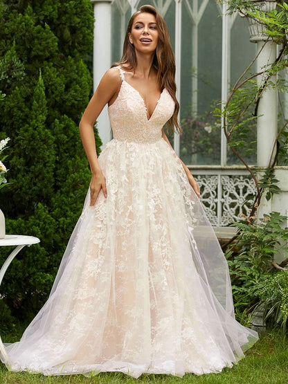 A-Line/Princess Tulle Lace V-neck Sleeveless Sweep/Brush Train Dresses