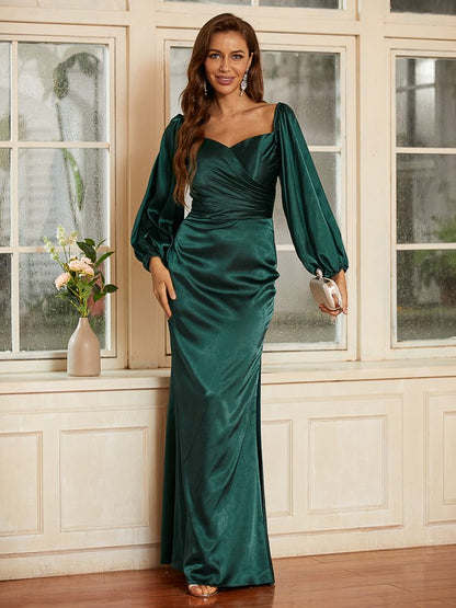 Sheath/Column Silk like Satin Ruched V-neck Long Sleeves Floor-Length Dresses