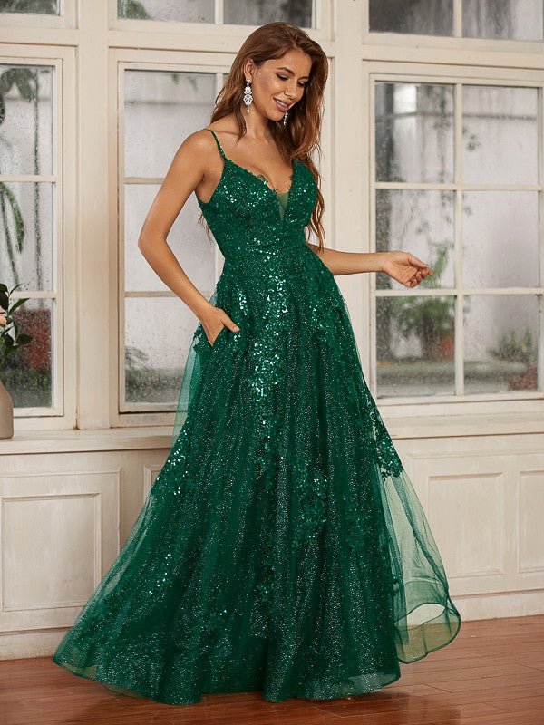 A-Line/Princess Lace Applique V-neck Sleeveless Floor-Length Dresses