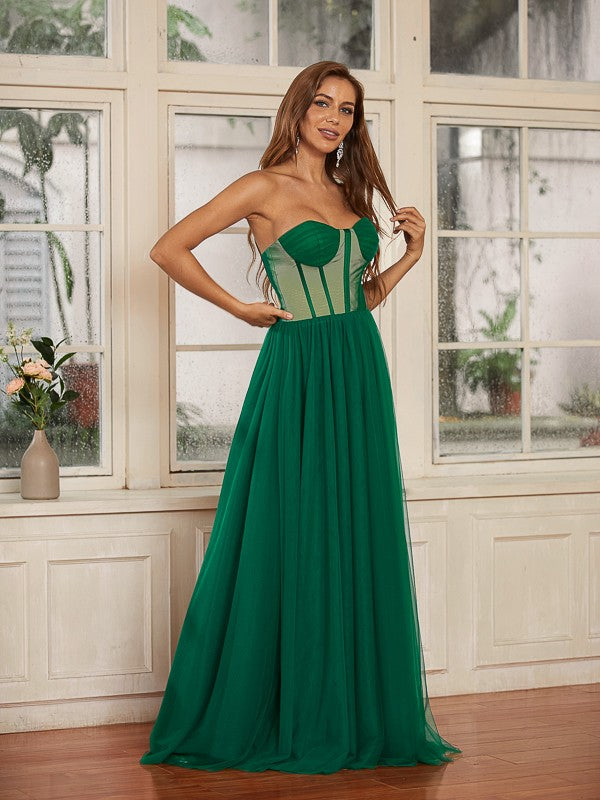 A-Line/Princess Tulle Ruffles Sweetheart Sleeveless Floor-Length Dresses