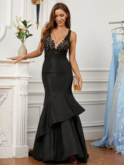 Trumpet/Mermaid Satin Lace V-neck Sleeveless Sweep/Brush Train Dresses