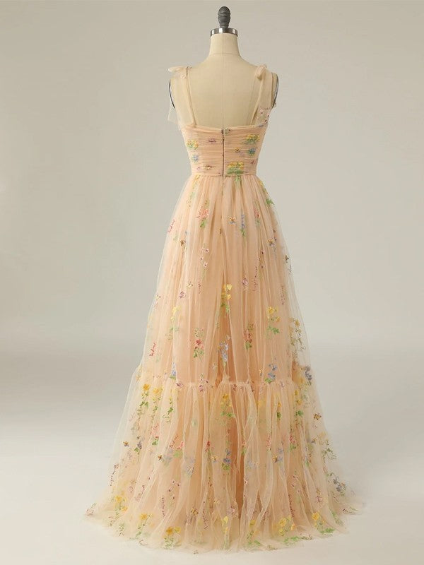 A-Line/Princess Lace Ruffles Straps Sleeveless Sweep/Brush Train Dresses