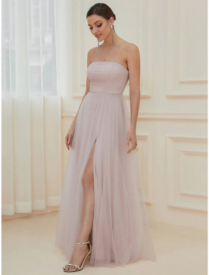 A-Line Evening Gown Elegant Dress Wedding Guest Floor Length Sleeveless Off Shoulder Tulle with Pure Color Tiered