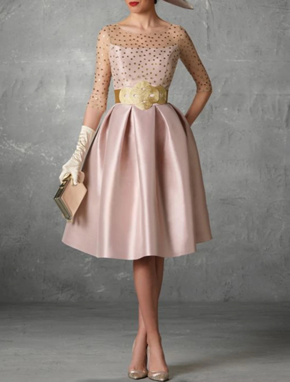 A-Line Cocktail Dresses Elegant Dress Wedding Guest Knee Length Half Sleeve Jewel Neck Pocket Satin No With Glove