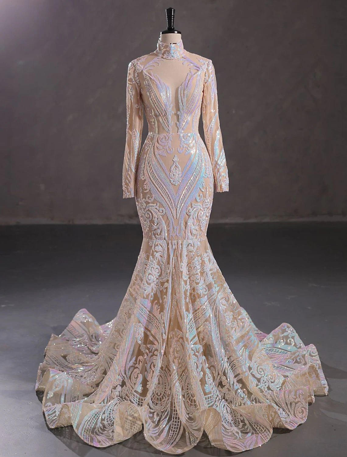 Mermaid Party Dress Evening Gown Sparkle & Shine Dress Carnival Engagement Court Train Long Sleeve Stand Collar Lace with Sequin