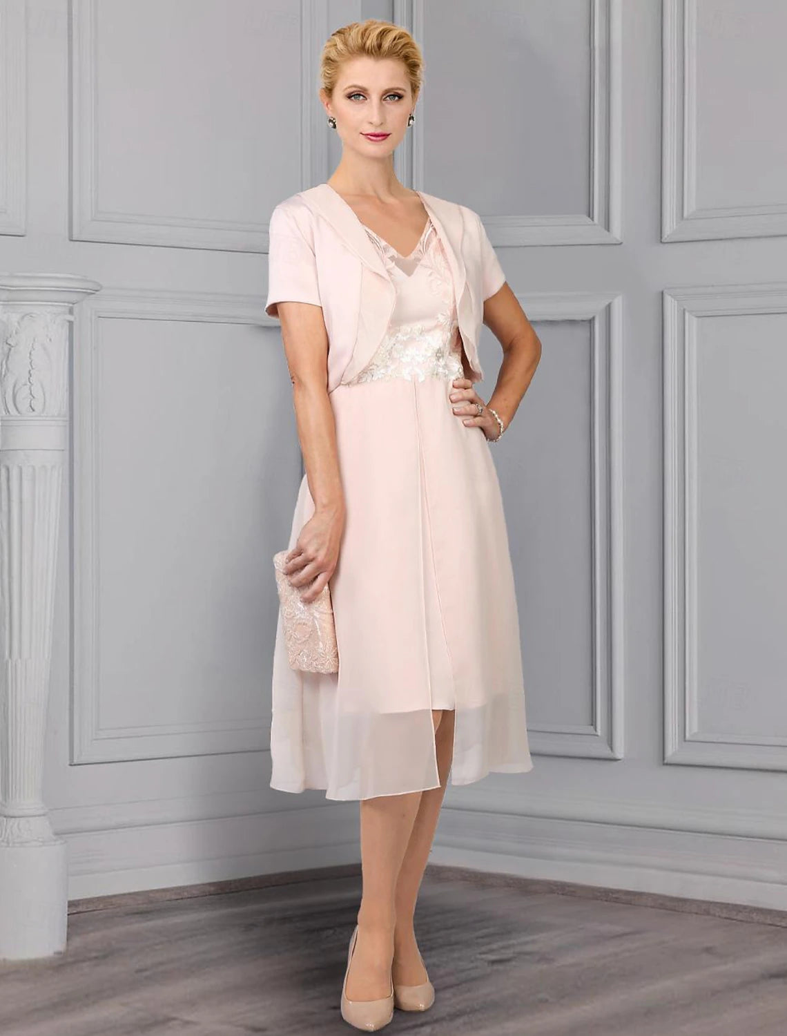 Two Piece A-Line Mother of the Bride Dress Formal Wedding Guest Elegant V Neck Tea Length Chiffon Lace Short Sleeve Jacket Dresses with Appliques Flower