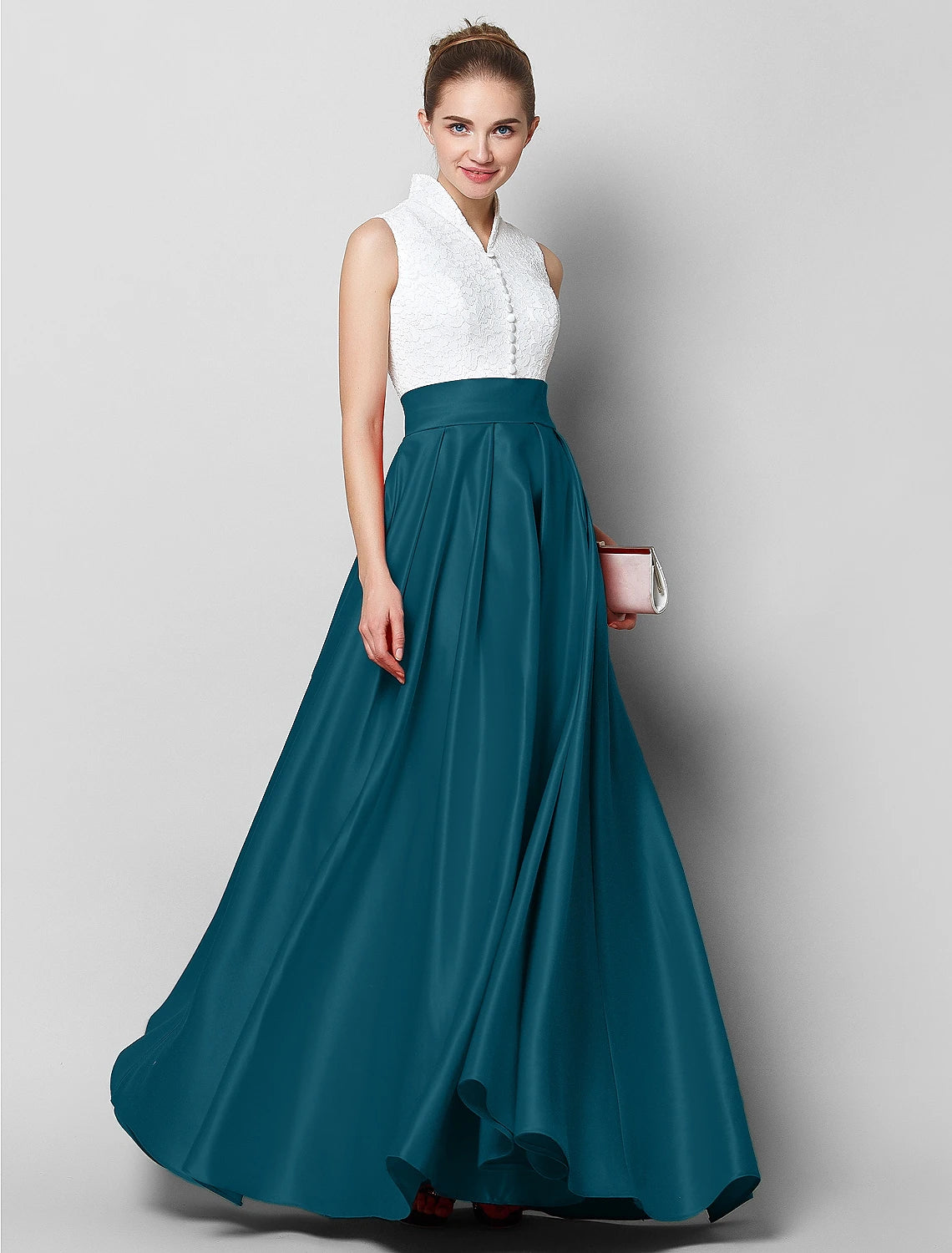 A-Line Elegant & Luxurious Dress Formal Evening Black Tie Gala Floor Length Sleeveless High Neck Satin with Pleats
