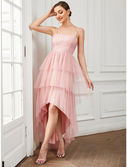 A-Line Party Dresses Vintage Dress Prom Knee Length Sleeveless Spaghetti Strap Tulle with Ruched Asymmetrical