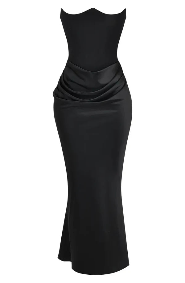 Noble black strapless off shoulder satin tight fitting corset prom dress Evening Dress
