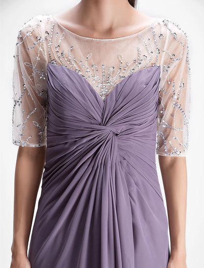 A-Line Mother of the Bride Dress Elegant Scoop Neck Floor Length Chiffon Half Sleeve No with Criss Cross Beading