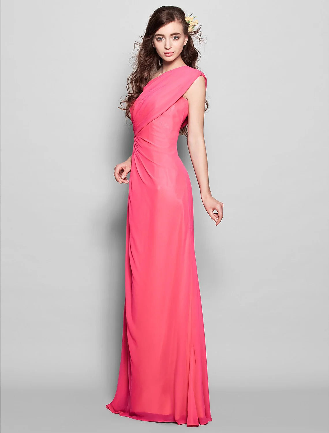 Sheath / Column Elegent Bridesmaid Dress One Shoulder Sleeveless Elegant Floor Length Chiffon with Side Draping