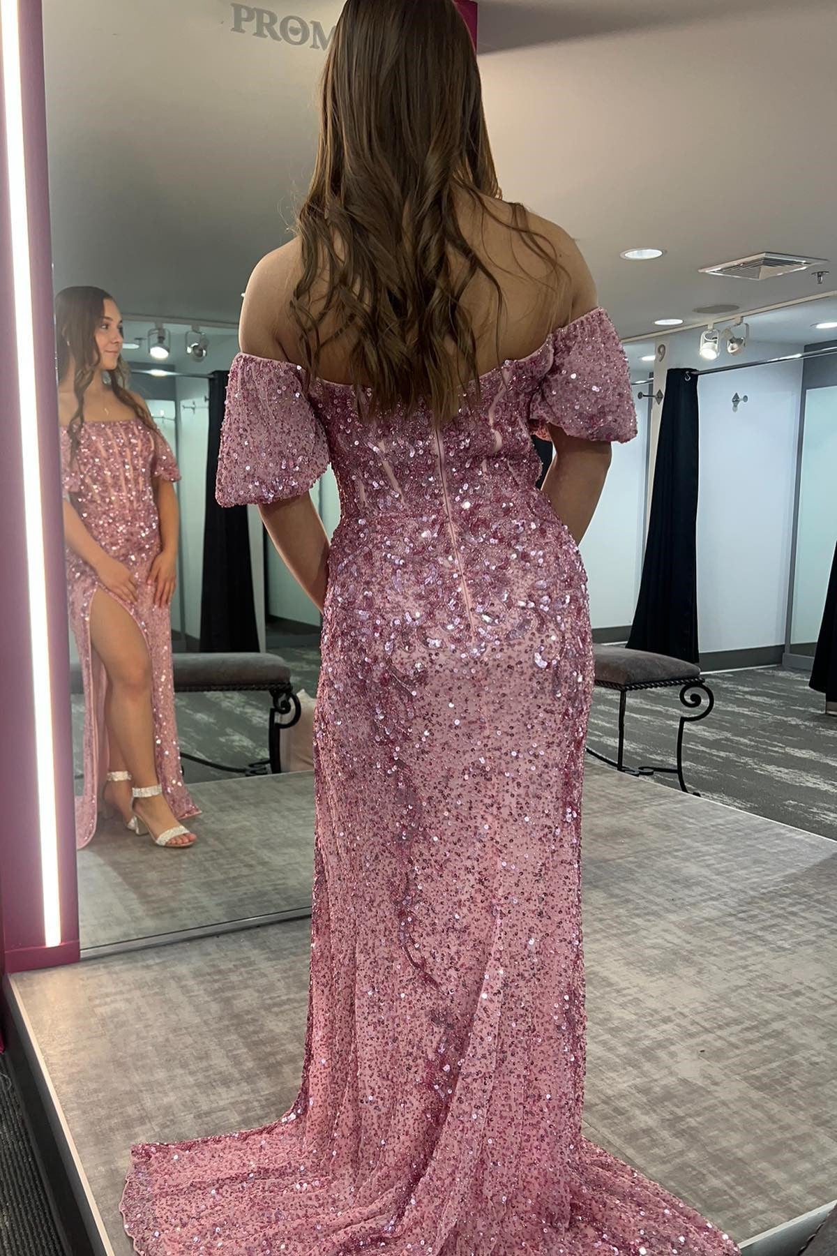 Sheath Column Off-the-Shoulder Sweep/Brush Train Dresses Beaded Sequins Long Prom Dress