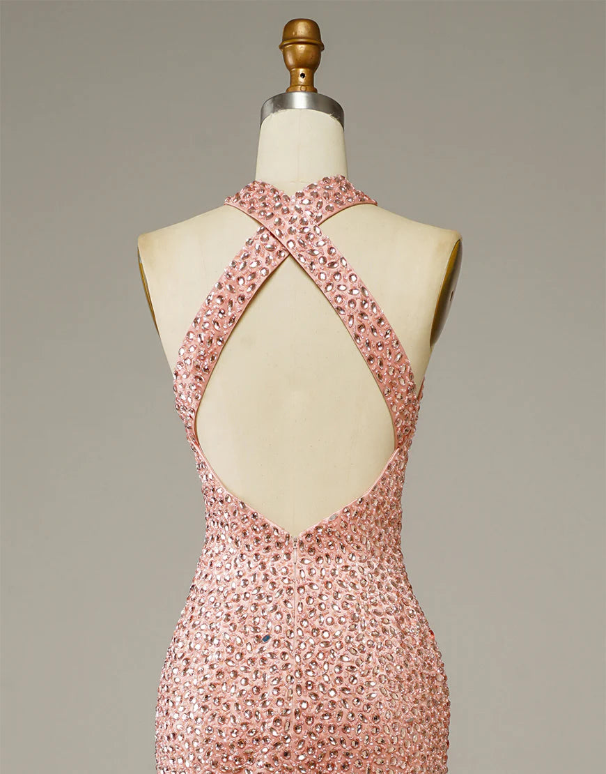 Sheath Halter Satin Long Sleeveless Prom Dresses With Rhinestones