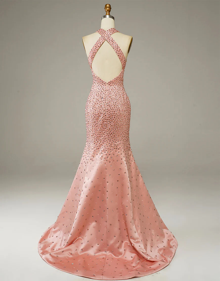 Sheath Halter Satin Long Sleeveless Prom Dresses With Rhinestones