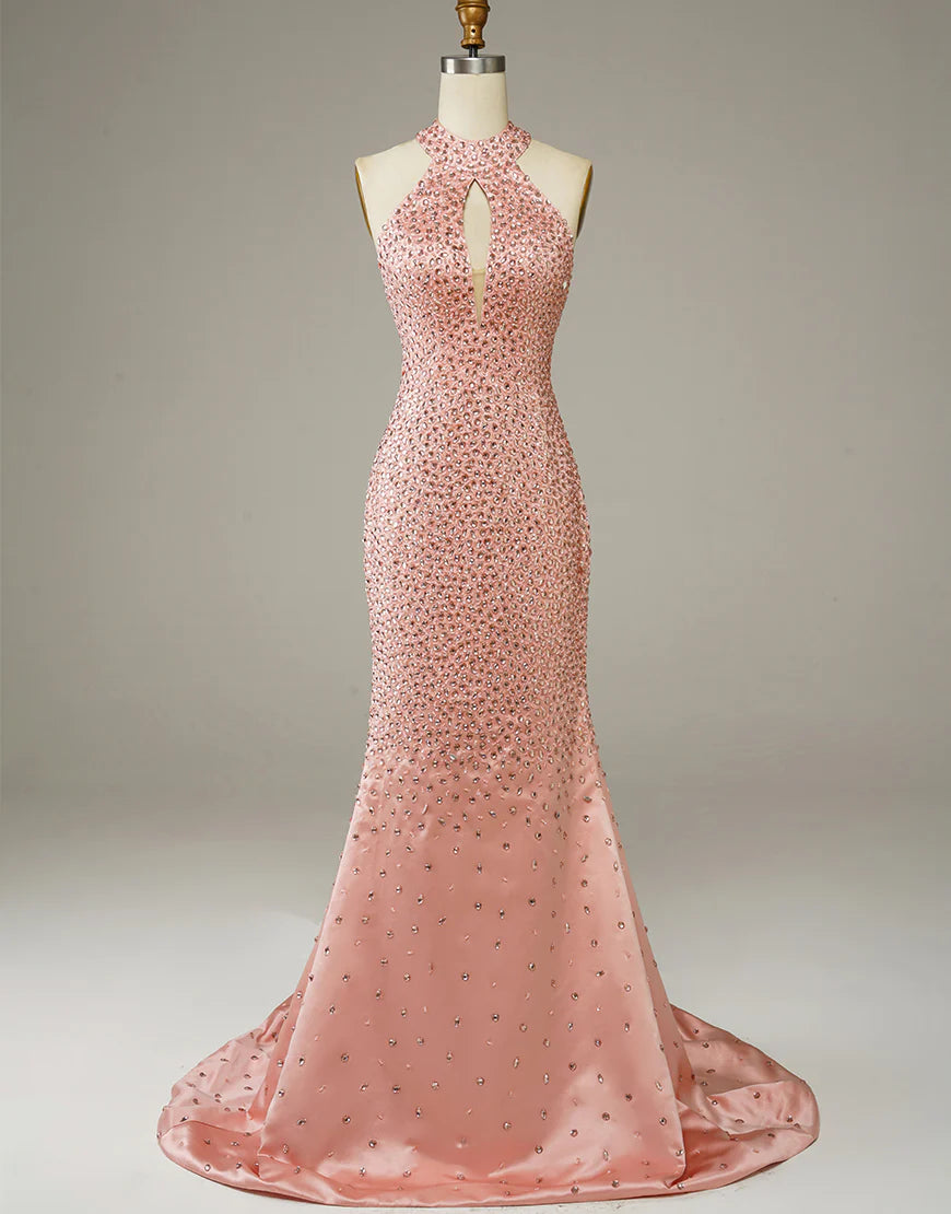 Sheath Halter Satin Long Sleeveless Prom Dresses With Rhinestones