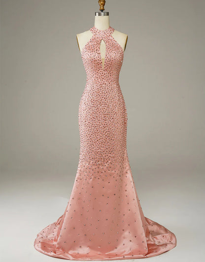 Sheath Halter Satin Long Sleeveless Prom Dresses With Rhinestones
