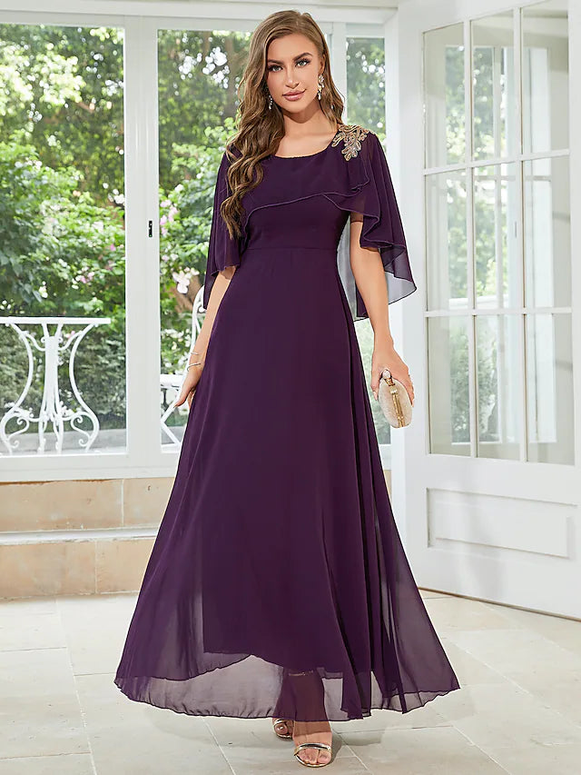 A-Line Wedding Guest Dresses Elegant Dress Party Wear Floor Length Half Sleeve  Chiffon with Ruffles