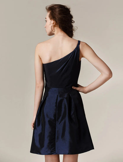 A-Line / Princess One Shoulder Short / Mini Taffeta Bridesmaid Dress with Pleats Solid Color