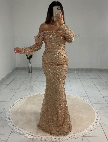 Mermaid / Trumpet Evening Gown Elegant Dress Wedding Black Tie Floor Length Long Sleeve Off Shoulder Sequined with Pearls