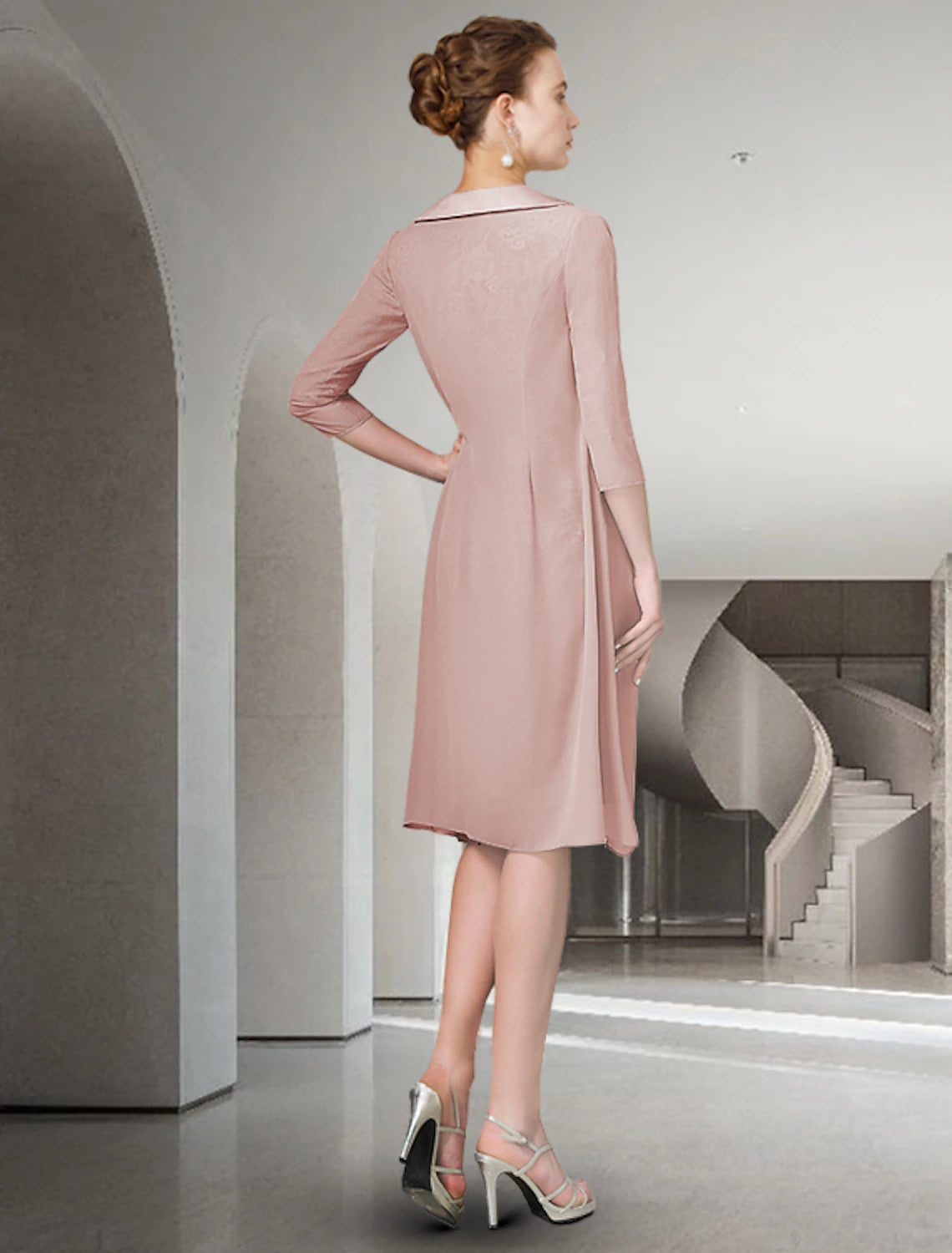 Two Piece Sheath / Column Mother of the Bride Dress Wedding Guest Church Elegant Plus Size Jewel Neck Knee Length Chiffon Lace Half Sleeve Wrap Included Jacket Dresses with Ruched Appliques