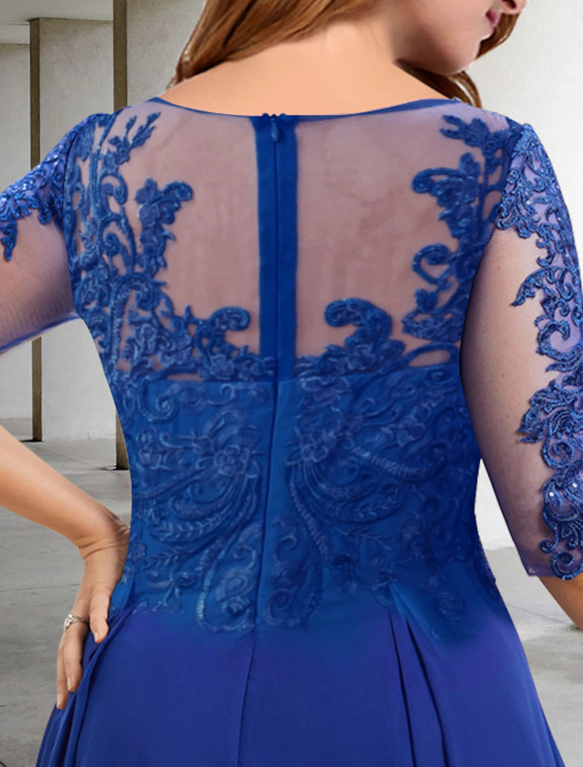 Plus Size  Tea Length Half Sleeve Formal Wedding Guest Dress Jewel Neck Chiffon Mother of the Bride Dresses with Pleats Sequin Appliques