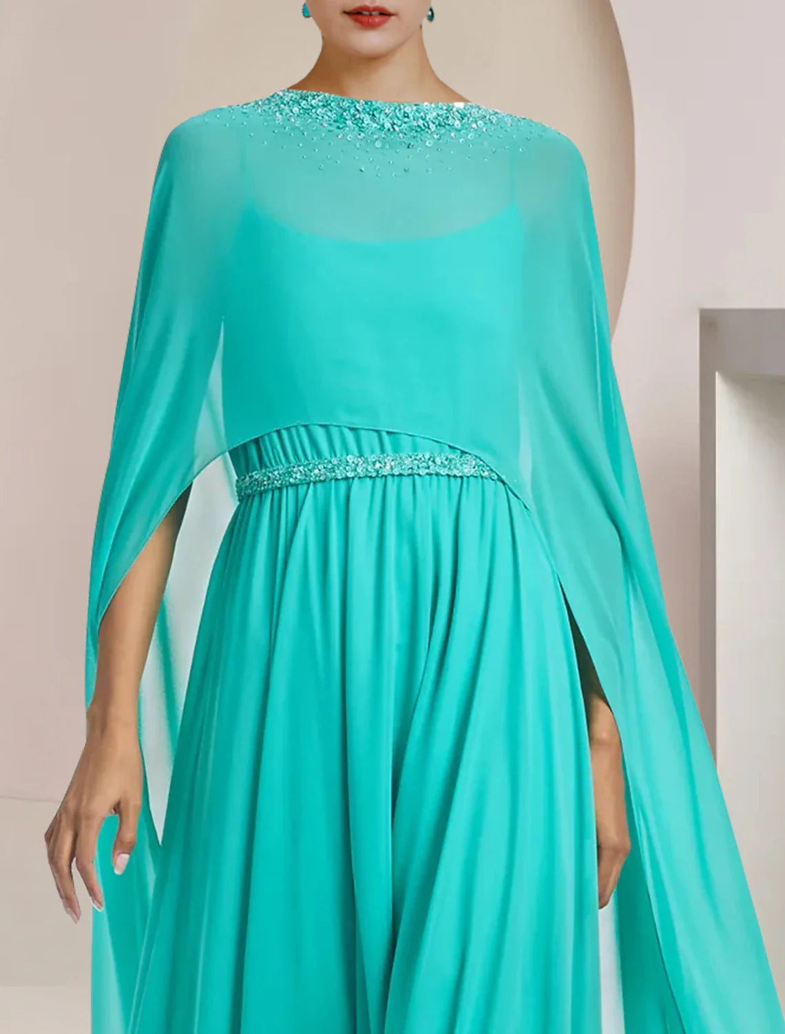 Two Piece Jumpsuits / Pantsuit Mother of the Bride Dress Formal Wedding Guest Elegant Scoop Neck Tea Length Chiffon Sleeveless with Beading Appliques