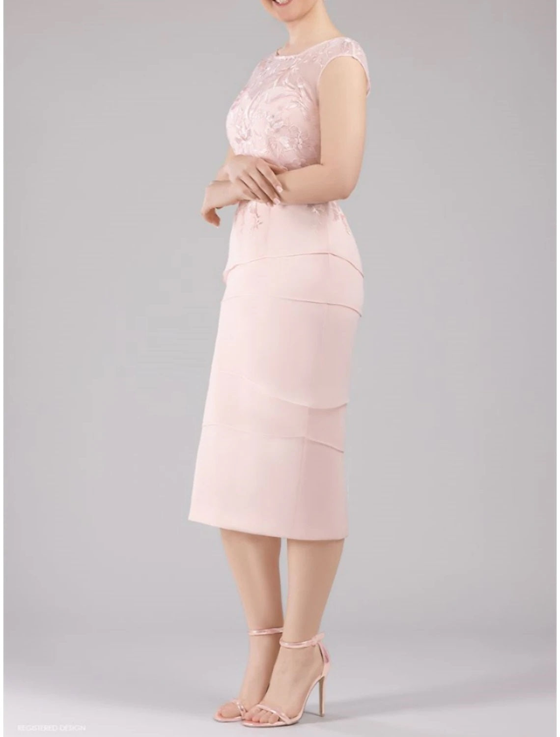 Sheath Petite Scoop Neck Tea Length  Wedding Guest  Chiffon 3/4 Length Sleeve Tiered  Mother of the Bride Dress