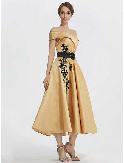 A-Line Cocktail Dresses Elegant Dress Formal Prom Tea Length Sleeveless Off Shoulder Satin with Appliques