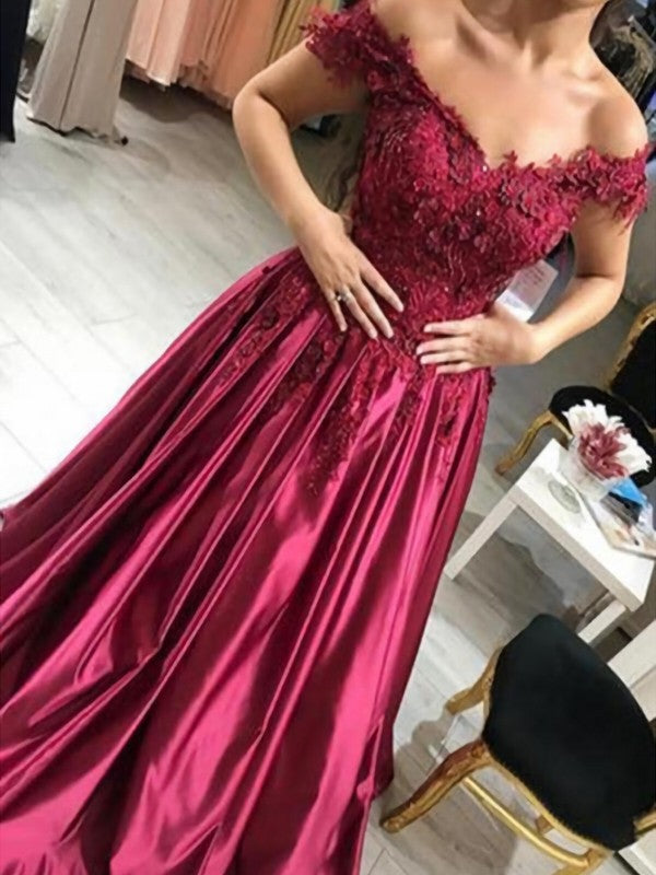 Ball Gown Sleeveless Off-the-Shoulder Applique Satin Floor-Length Dresses