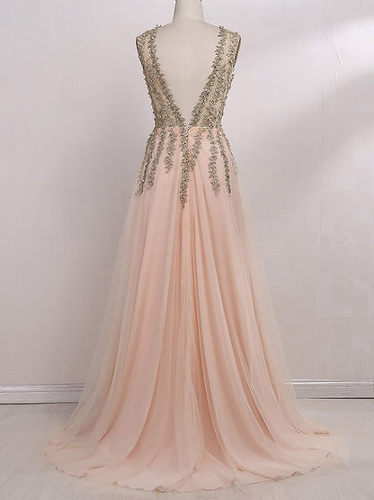 A-Line/Princess V-Neck Sleeveless Sweep/Brush Train Beading Tulle Dresses