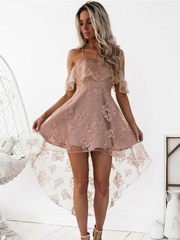 A-Line/Princess Off-the-Shoulder High Low Lace Short/Mini Dresses Cocktail Dresses