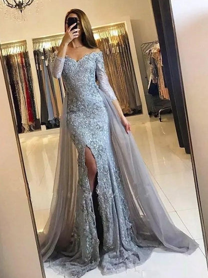 Trumpet/Mermaid Long Sleeves Off-the-Shoulder Sweep/Brush Train Tulle Lace Dresses