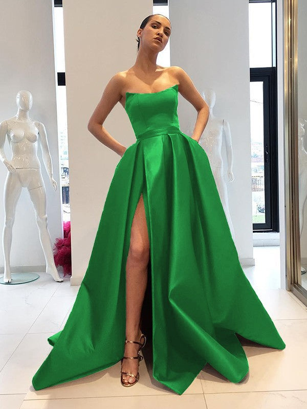 Ball Gown Sleeveless Strapless Sweep/Brush Train Ruffles Satin Dresses