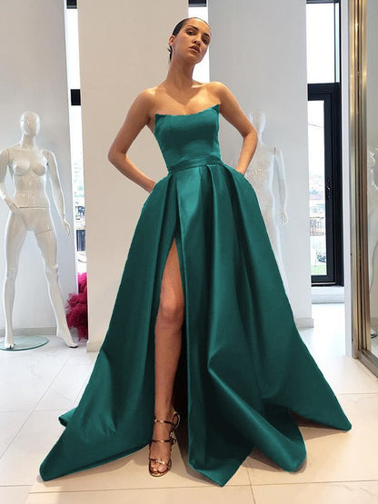 Ball Gown Sleeveless Strapless Sweep/Brush Train Ruffles Satin Dresses