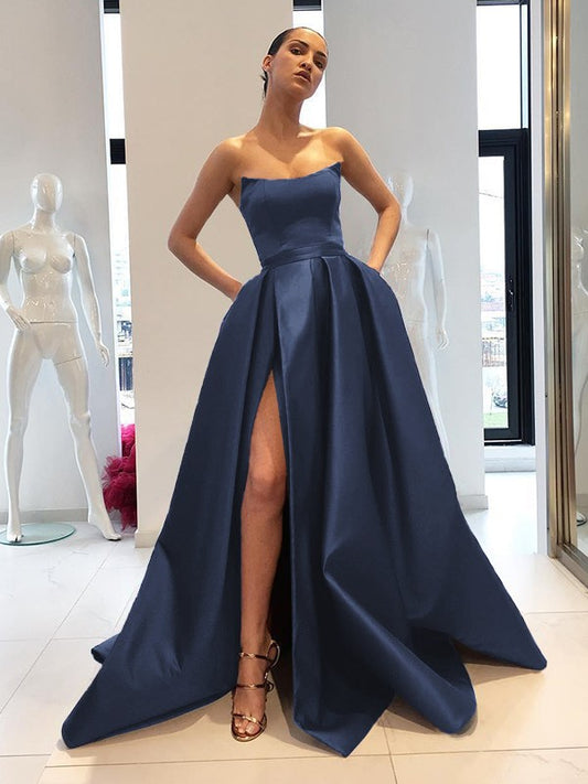 Ball Gown Sleeveless Strapless Sweep/Brush Train Ruffles Satin Dresses