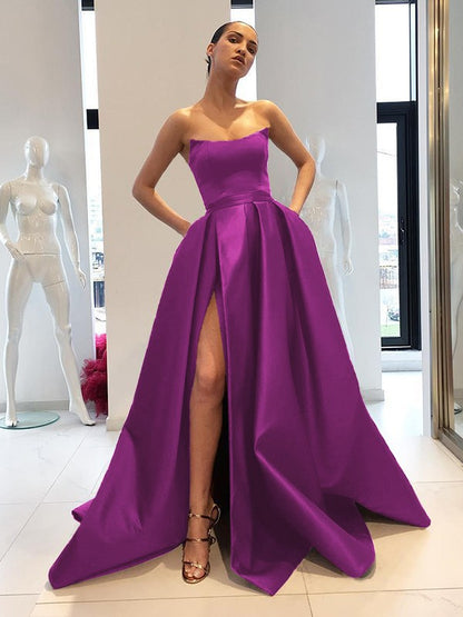 Ball Gown Sleeveless Strapless Sweep/Brush Train Ruffles Satin Dresses