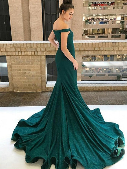 Trumpet/Mermaid Sleeveless Off-the-Shoulder Sweep/Brush Train Ruffles Sequins Dresses