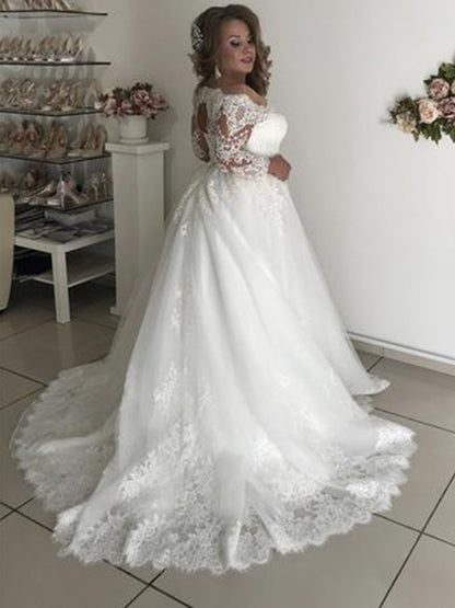 A-Line/Princess Off-the-Shoulder Long Sleeves Court Train Lace Tulle Wedding Dresses