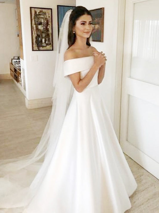 A-Line/Princess Off-the-Shoulder Sleeveless Sweep/Brush Train Ruffles Satin Wedding Dresses