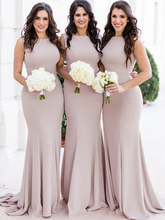 Sheath/Column Sleeveless Sheer Neck Sweep/Brush Train Stretch Crepe Bridesmaid Dresses