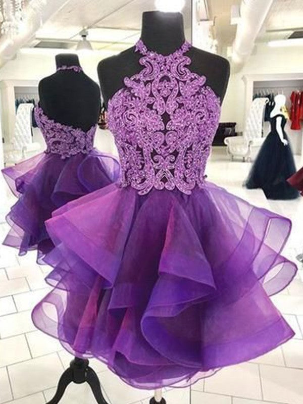 A-Line/Princess Tulle Beading Halter Sleeveless Short/Mini Homecoming Dresses Cocktail Dresses